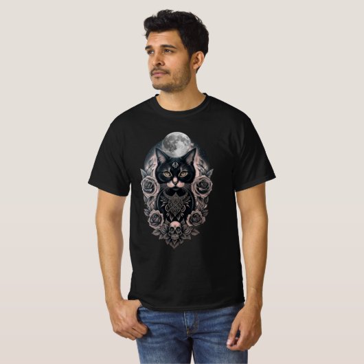 Gothic zwart Kat en Maan Tshirt (Voorkant volledig)