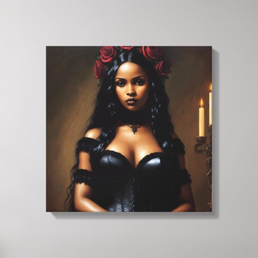 Gothic zwart meisje rode rozen kunst canvas afdruk (Voorkant)
