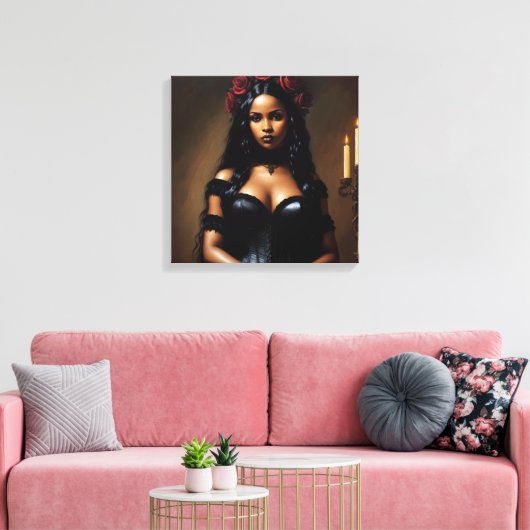 Gothic zwart meisje rode rozen kunst canvas afdruk (Insitu (Woonkamer))