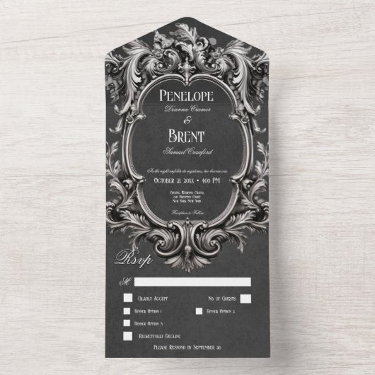 Gothic Zwart Moody Victoriaans Lijst Diner All In One Uitnodiging (Binnen)