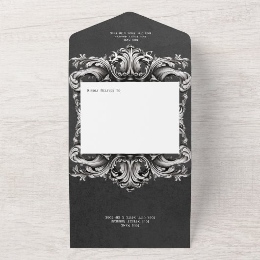 Gothic Zwart Moody Victoriaans Lijst Geen Diner All In One Uitnodiging (Buitenkant)