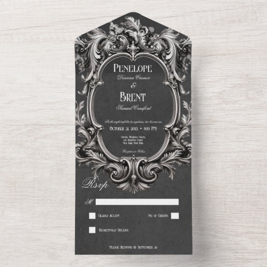 Gothic Zwart Moody Victoriaans Lijst Geen Diner All In One Uitnodiging (Binnen)