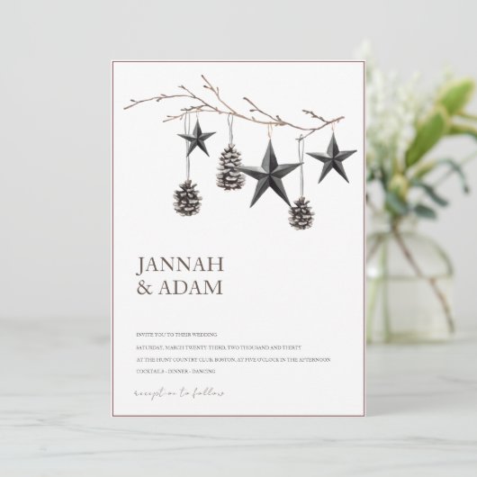 Gothic zwart pinecones sterren kerst bruiloft kaart (Staand voorkant)