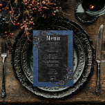 Gothic Zwart Raven & Zwart Rozen Blauw Bruiloft Menu<br><div class="desc">Breng uw gasten naar een wereld van duistere, betoverende elegantie met onze gotische trouwkaart. De diepe, verouderde koningsblauwe achtergrond en zwarte rozen vormen het toneel voor een opvallend contrast, omdat gewaagde witte tekst uit ingewikkelde zwarte tekstvakken komt. De achterkant is versierd met twee verweven wijnstokken van zwarte rozen, evenals de...</div>