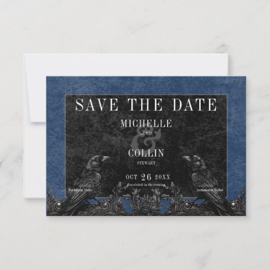 Gothic Zwart Raven & Zwart Rozen Blauw Bruiloft Save The Date (Voorkant)