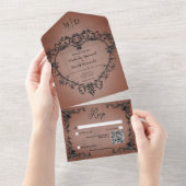 Gothic zwart & roest filigraan hart QR-code All In One Uitnodiging (Afscheurbaar)