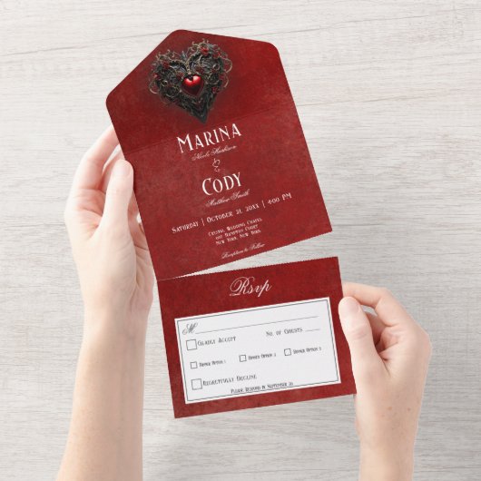 Gothic Zwart & Rood Filigraan Hart Rood Diner All In One Uitnodiging (Afscheurbaar)