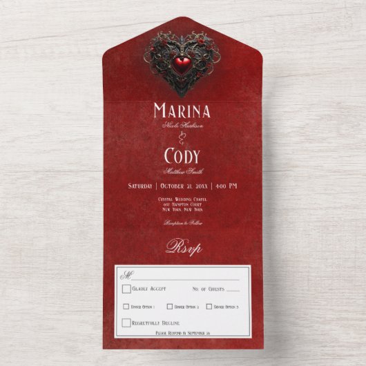 Gothic Zwart & Rood Filigraan Hart Rood Diner All In One Uitnodiging (Binnen)