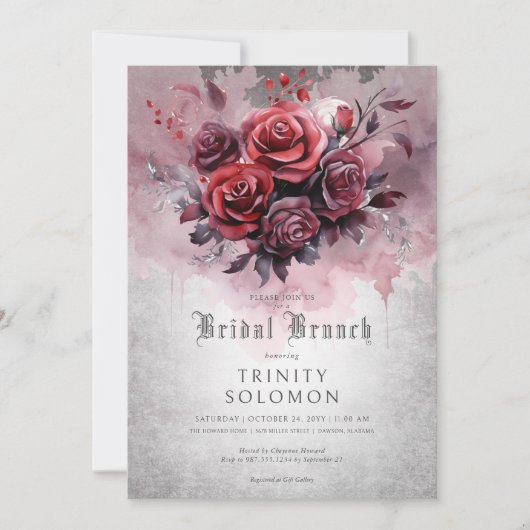 Gothic Zwart & Rood Rose Bloemen Bruidsbrunch Kaart (Voorkant)