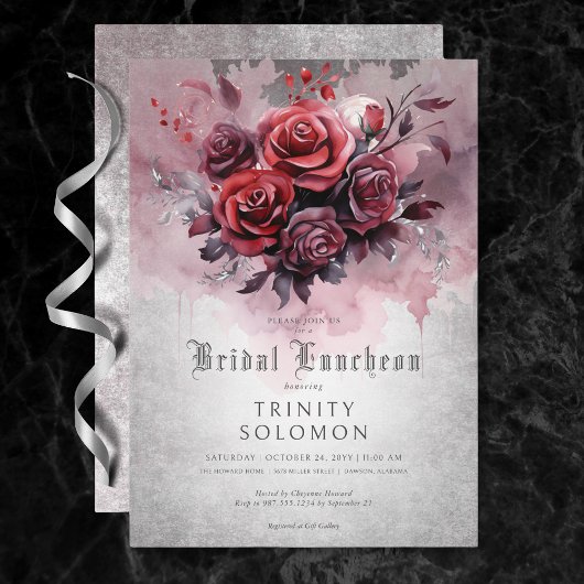 Gothic Zwart & Rood Rose Bloemen Bruidslunch Kaart