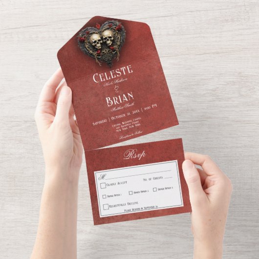 Gothic Zwart & Rood Schedels & Hart Rood Diner All In One Uitnodiging (Afscheurbaar)