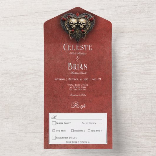 Gothic Zwart & Rood Schedels & Hart Rood Diner All In One Uitnodiging (Binnen)