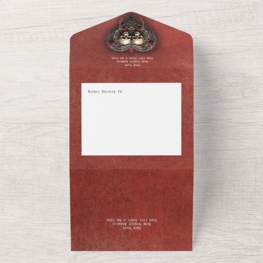 Gothic Zwart & Rood Schedels & Hart Rood QR Code All In One Uitnodiging (Buitenkant)