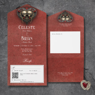 Gothic Zwart & Rood Schedels & Hart Rood QR Code All In One Uitnodiging
