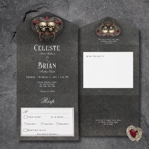 Gothic Zwart & Rood Schedels & Hart Zwart Diner All In One Uitnodiging