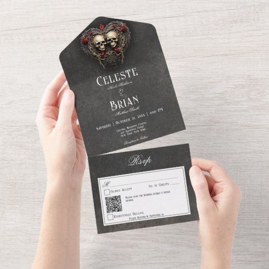 Gothic Zwart & Rood Schedels & Hart Zwart QR Code All In One Uitnodiging (Afscheurbaar)