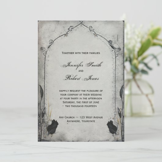 Gothic zwart Roos Trellis bruiloft uitnodiging (Staand voorkant)
