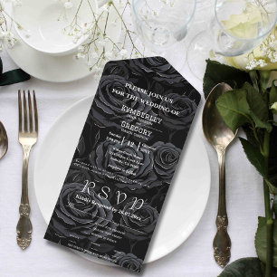 Gothic zwart Roos witte tekst bloemachtergrond All In One Uitnodiging