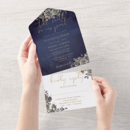 Gothic Zwart Rozen Bloemen Goud Script Bruiloft All In One Uitnodiging