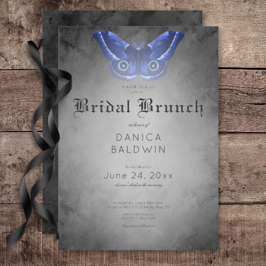 Gothic Zwart Waterverf Blauwe Moth Bruidsbrunch Kaart