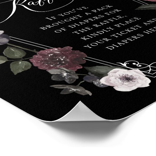 Gothic Zwart Waterverf Bloemen Luier Raffle teken Poster (Hoek)