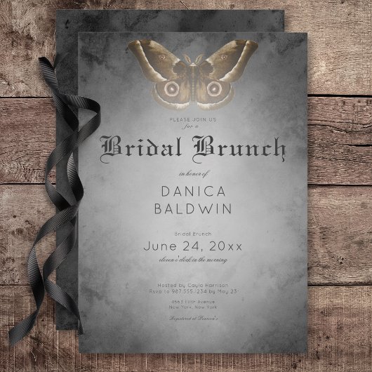 Gothic Zwart Waterverf Bruin Moth Bruidsbrunch Kaart