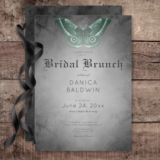 Gothic Zwart Waterverf Groene Moth Bruidsbrunch Kaart