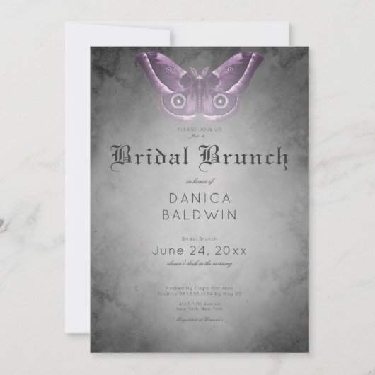 Gothic Zwart Waterverf Paarse Moth Bruidsbrunch Kaart (Voorkant)