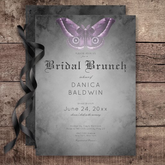 Gothic Zwart Waterverf Paarse Moth Bruidsbrunch Kaart
