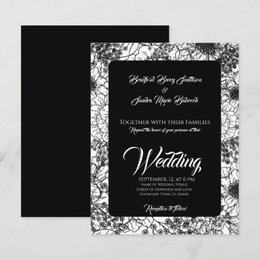 Gothic Zwart-Wit Bloemen Huwelijk uitnodiging (Voorkant / Achterkant)