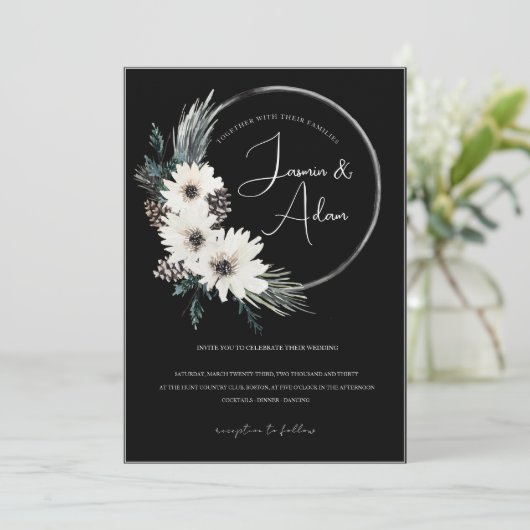 Gothic zwart wit bloemenkrans kerst bruiloft kaart (Staand voorkant)