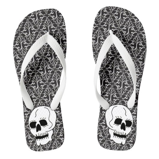 Gothic zwart wit damast patroon witte schedel teenslippers (Voetbed)