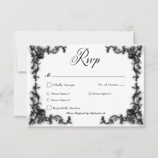 Gothic zwart & wit filigraan hart diner RSVP kaartje (Voorkant)