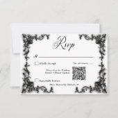 Gothic zwart & wit filigraan hart QR-code RSVP Kaartje (Voorkant)