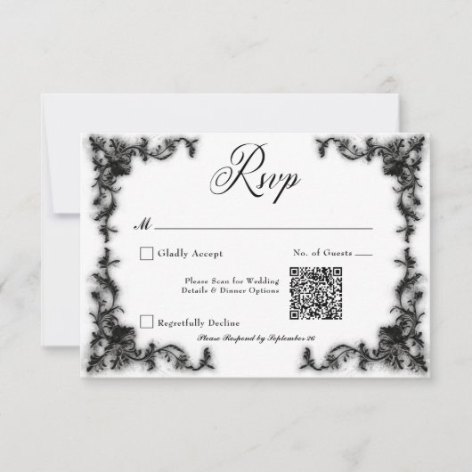 Gothic zwart & wit filigraan hart QR-code RSVP Kaartje (Voorkant)