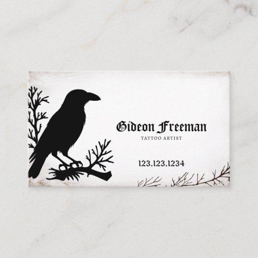 Gothic Zwart & Wit Gritty Textuur Kraai Tattoo Visitekaartje (Voorkant)
