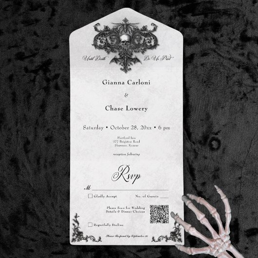 Gothic Zwart & Wit Halloween Filigraan QR Code All In One Uitnodiging