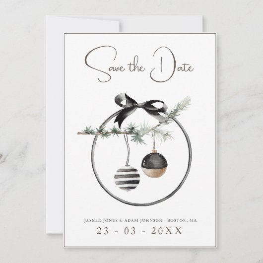 Gothic zwart-wit kerstballen bruiloft save the date (Voorkant)