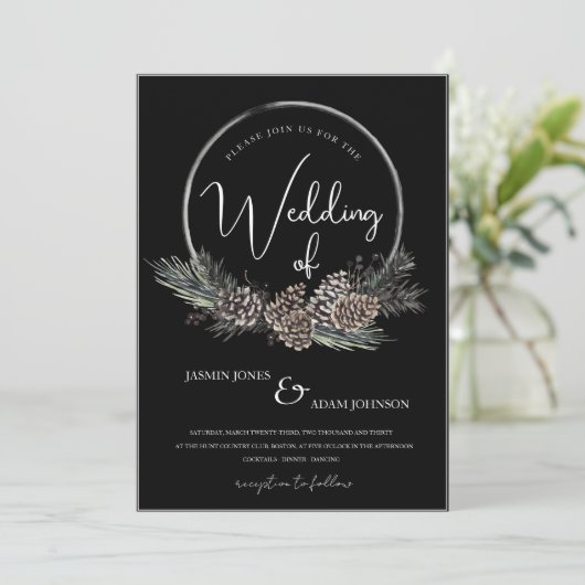 Gothic Zwart-wit Kerstkrans Bruiloft Kaart (Staand voorkant)