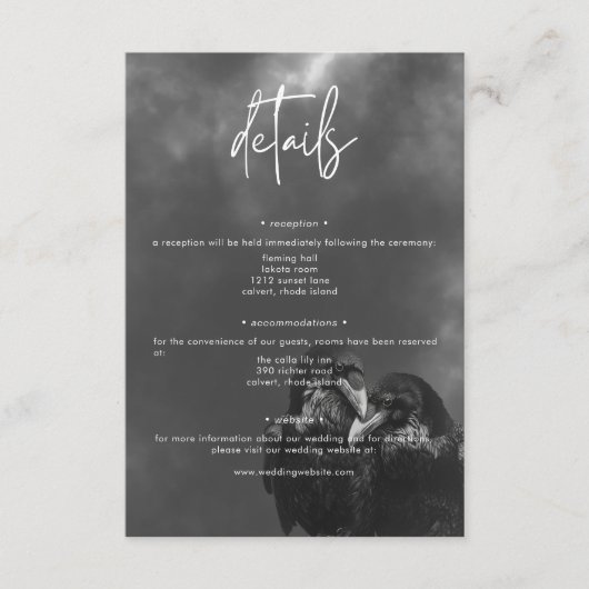 Gothic Zwart & Wit Raven Omhelzen Bruiloft Details Informatiekaartje (Voorkant)