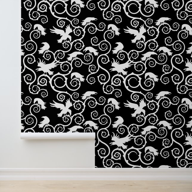 Gothic Zwart-wit Raven Victoriaans Gotisch Home Behang (Applicatie)