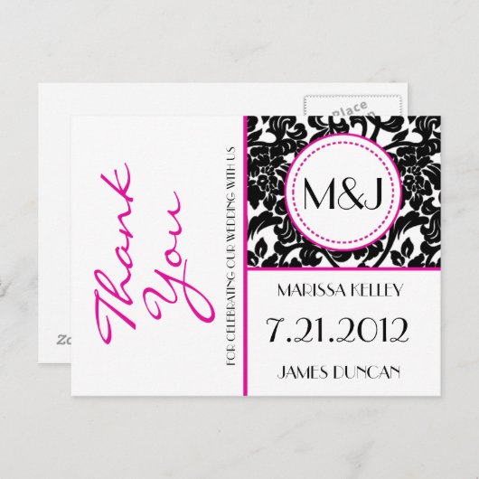 Gothic Zwart & Wit/Roze Bloei Dank u Briefkaart (Voorkant / Achterkant)