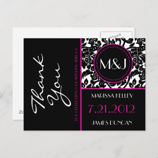 Gothic Zwart & Wit/Roze Bloei Dank u Briefkaart (Voorkant / Achterkant)