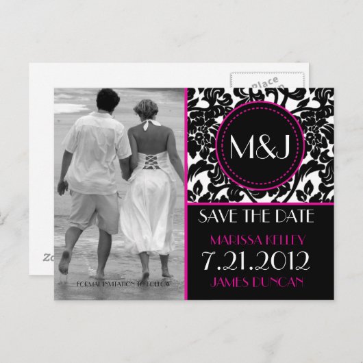 Gothic Zwart & Wit/Roze Bloei Save the Date Aankondigingskaart (Voorkant / Achterkant)