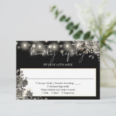 Gothic zwart-wit rozen string verlichting bruiloft RSVP kaartje (Staand voorkant)