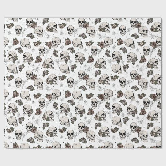 Gothic Zwart-wit Schedel en Bloemen Halloween Cadeaupapier (Vlak)