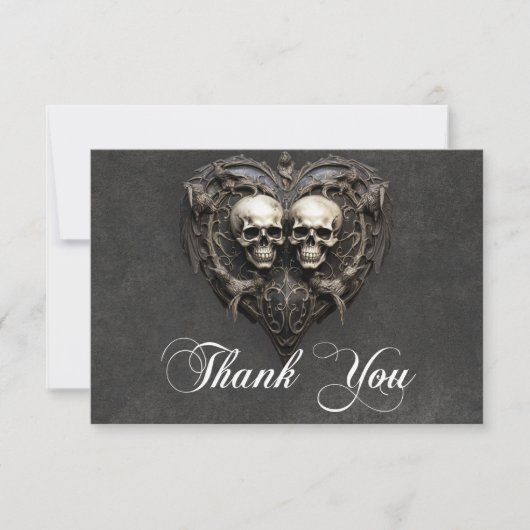 Gothic Zwart & Wit Schedels & Hart Bruiloft Bedankkaart (Voorkant)