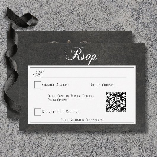Gothic Zwart & Wit Schedels Hart Bruiloft QR Code RSVP Kaartje