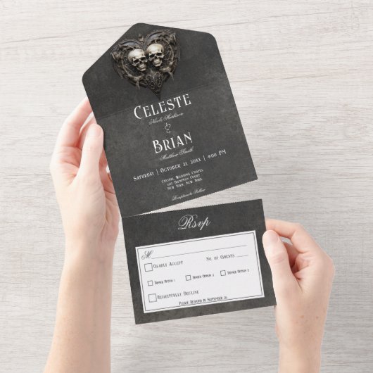 Gothic Zwart & Wit Schedels & Hart Diner All In One Uitnodiging (Afscheurbaar)