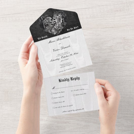 Gothic Zwart & Wit Skelet Paar Diner All In One Uitnodiging (Afscheurbaar)